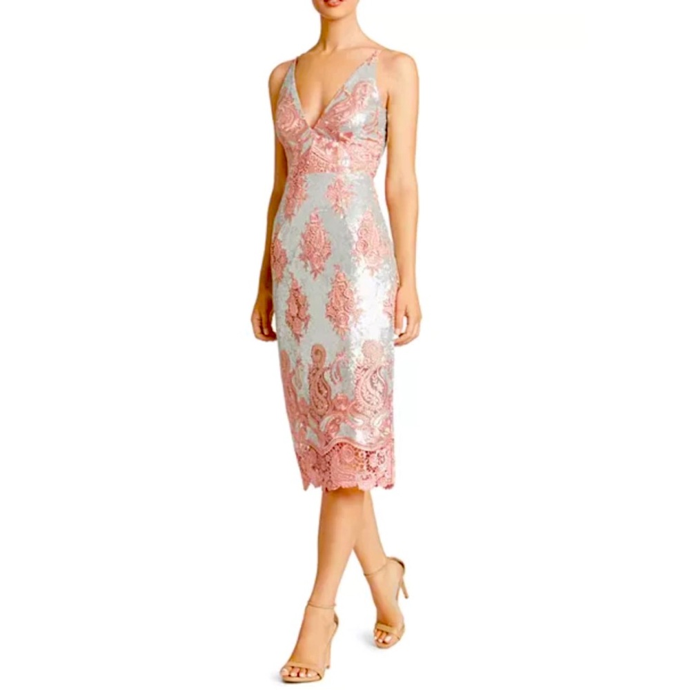Dress the Population Pink and Silver Lace Midi Dress
